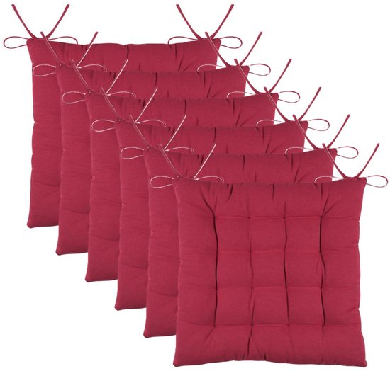 Coussins de chaise en tissu textile DUO - 6x - rouge - 38 x 38 x 3,5 cm - fermeture par cordon - coussins d'assise - intérieur/extérieur