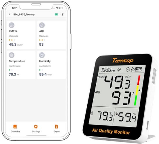 S1+ Luchtkwaliteitsmeter PM2.5 - AQI, Temperatuur en Vochtigheid - Ultralange Batterijduur van 100 Dagen - Thermohydrometer met App-Verbinding - Ideaal Voor Thuis en Kantoor