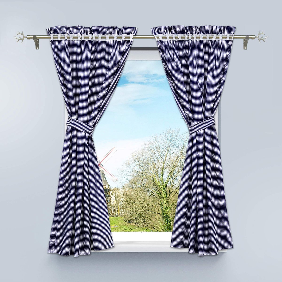 My Ninki ® Charmante Vierdelige Set Ruitjesgordijnen voor Keuken en Woonruimte blauw