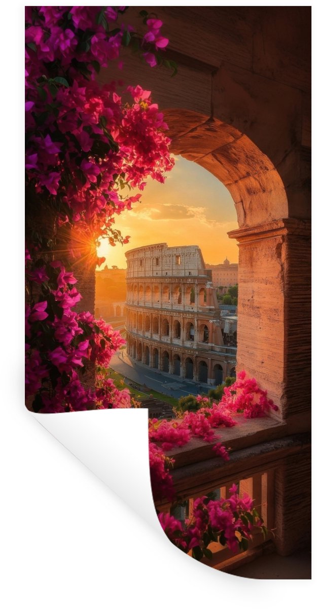 Muurstickers - Sticker Folie - Colosseum - Rome - Roze Bloemen - 20x40 cm - Plakfolie - Mu