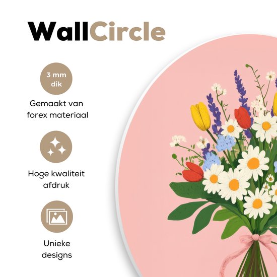 WallCircle® Wandcirkel 60x60 cm - Muurcirkel Bloemen - Lint - Kaartje - Muurdecoratie woonkamer - Wanddecoratie slaapkamer - Kamer decoratie accessoires - Ronde schilderijen