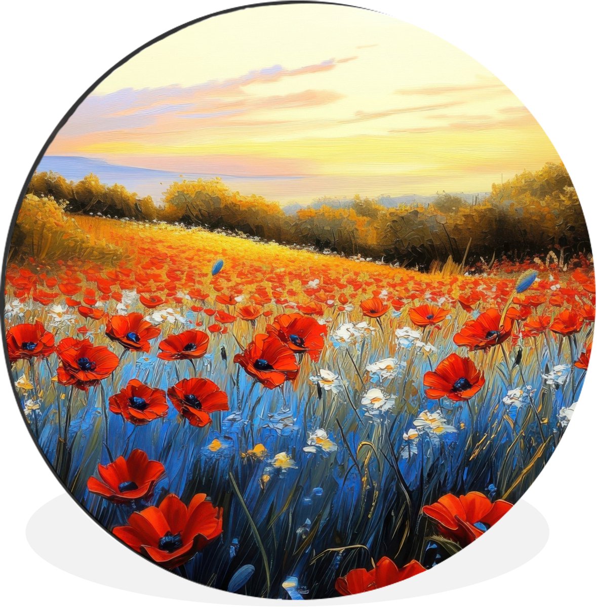WallCircle Wandcirkel - Muurcirkel - Klaproos - Bloemenveld - Kleurrijk - Aluminium - Dibond - 30x30 cm - Binnen en Buiten Klaprozen - Bloemenveld