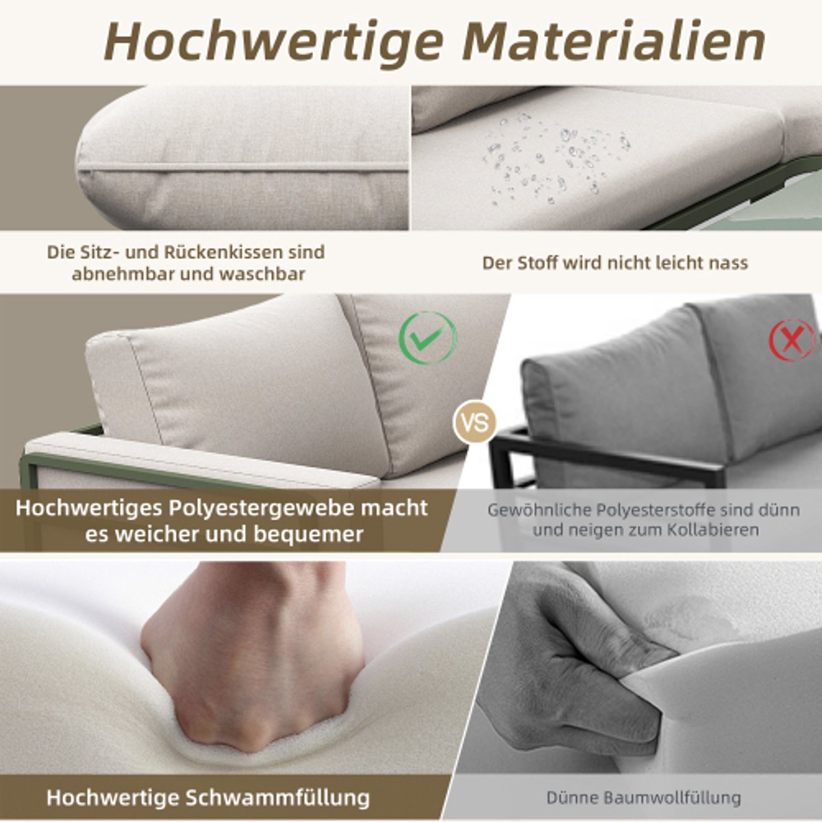 Tuinmeubelset (4-5 zitplaatsen), 1 salontafel van gehard glas, groen gegalvaniseerd ijzeren frame, comfortabel tuinmeubilair, beige zitkussens en kussens met verstelbare poten thumbnail 5