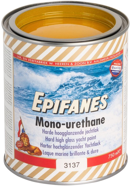Blik Epifanes Mono-urethane lak, hard hoogglans jachtlak, kleur 3137, 750 ml. Goud-wit gestreept blik met golvend zee design.