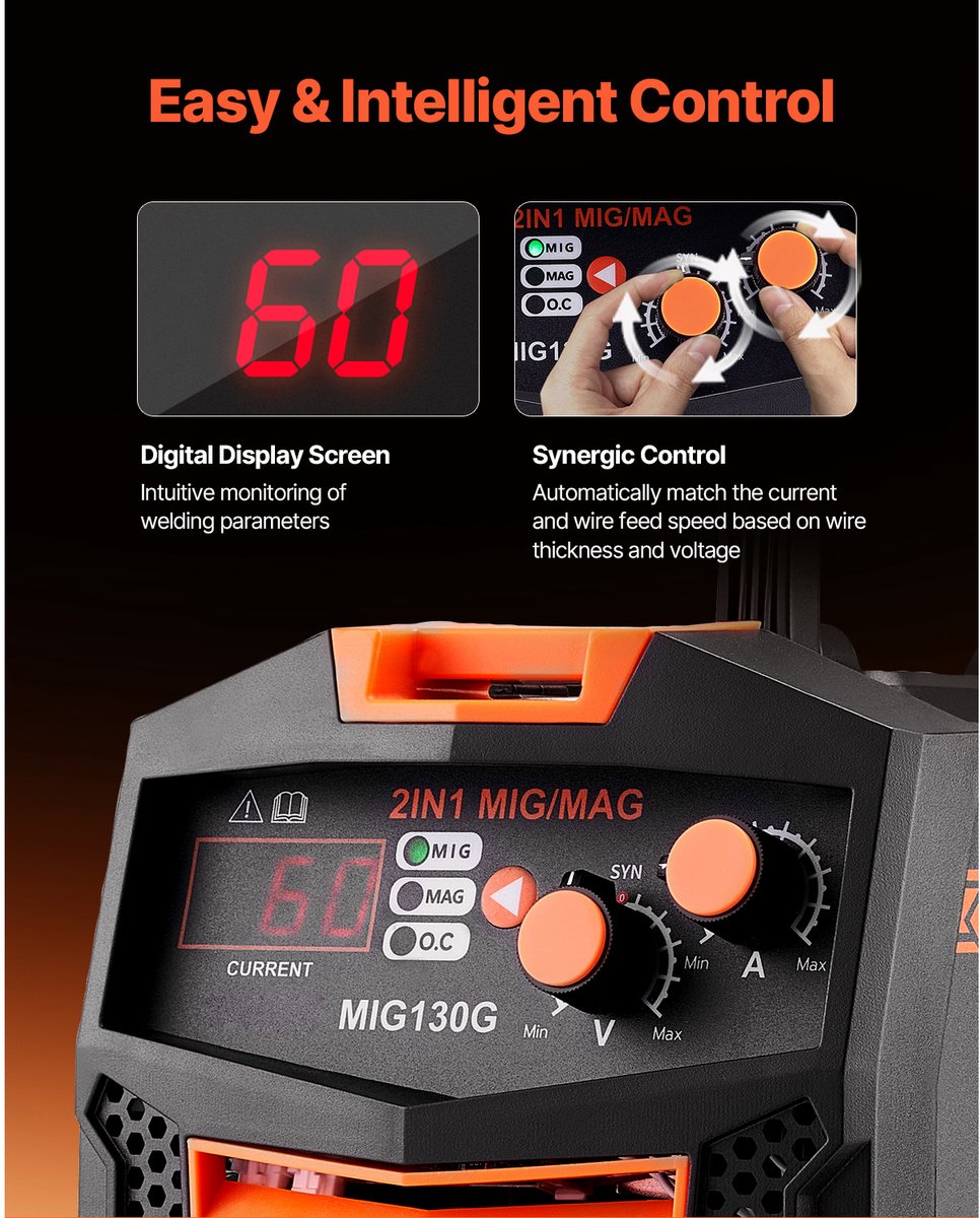 MIG lasser, 130 amp synergisch MIG lasapparaat, 2-in-1 gas/gasloze gevulde draad multiproces lasser, draagbare IGBT inverter MIG lasser – foto 4