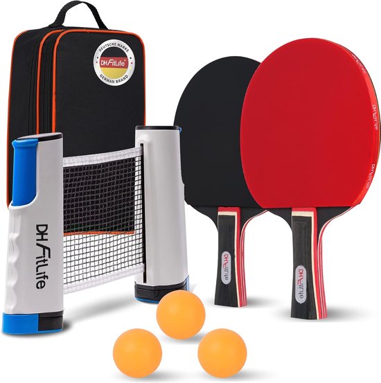 Set de Tennis de table DH FitLife pour 2 joueurs – Comprend 2 raquettes, 3 Balles, un filet extensible et un sac de rangement – ​​Convient à toutes les tables