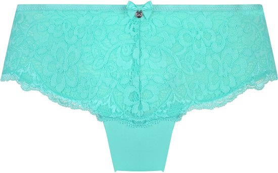 Slip brésilien turquoise avec détails en dentelle, petit nœud et ornements sur le devant.