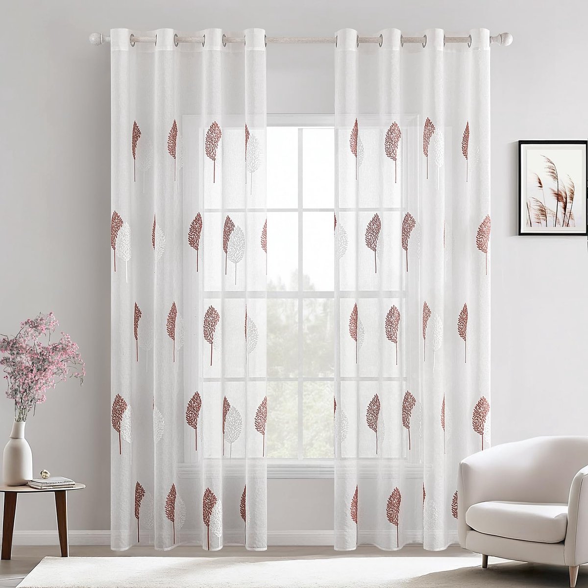 My Ninki ® Transparante Gordijnen met Elegant Oudroze Bladmotief voor Moderne Interieurs