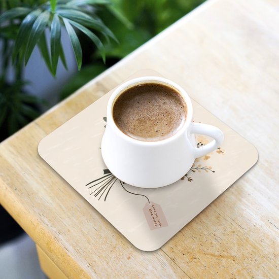 Dessous de verre Fleurs - Citation - Beige - Ruban - 10x10 cm - 6 morceaux - Sous pour Verres et Tasses