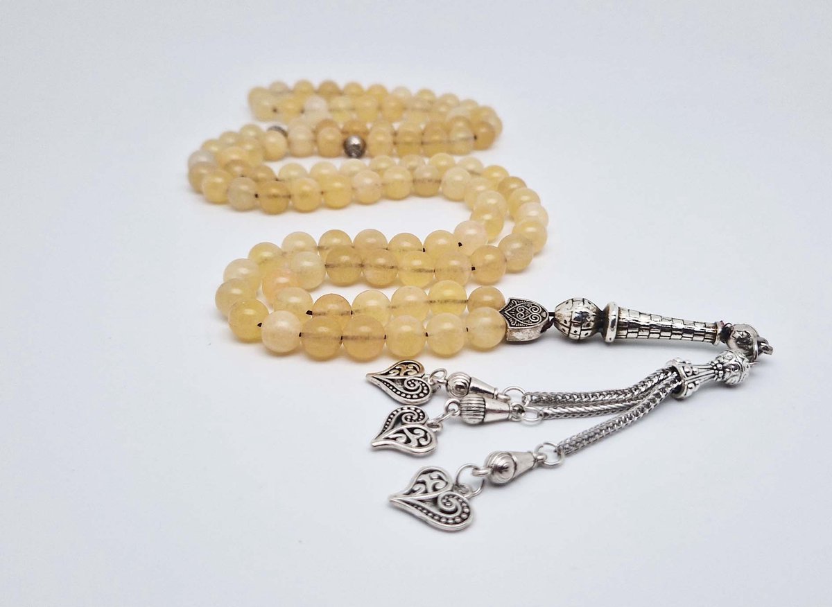 Handgemaakte tesbih "Tasbih" natuursteen " Calciet geel " - Aantal kralen 99 - Diameter kralen 8MM - met metaal tassel "Harten" - Een mooi cadeau-idee