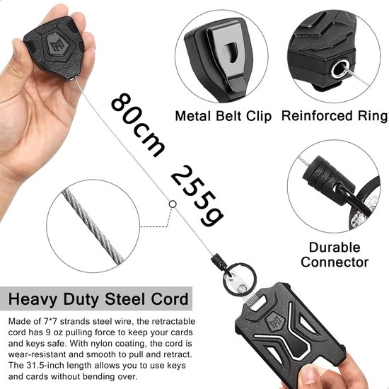 Porte-badge rétractable avec clip ceinture - cordon 80 cm - noir - 1 pièce