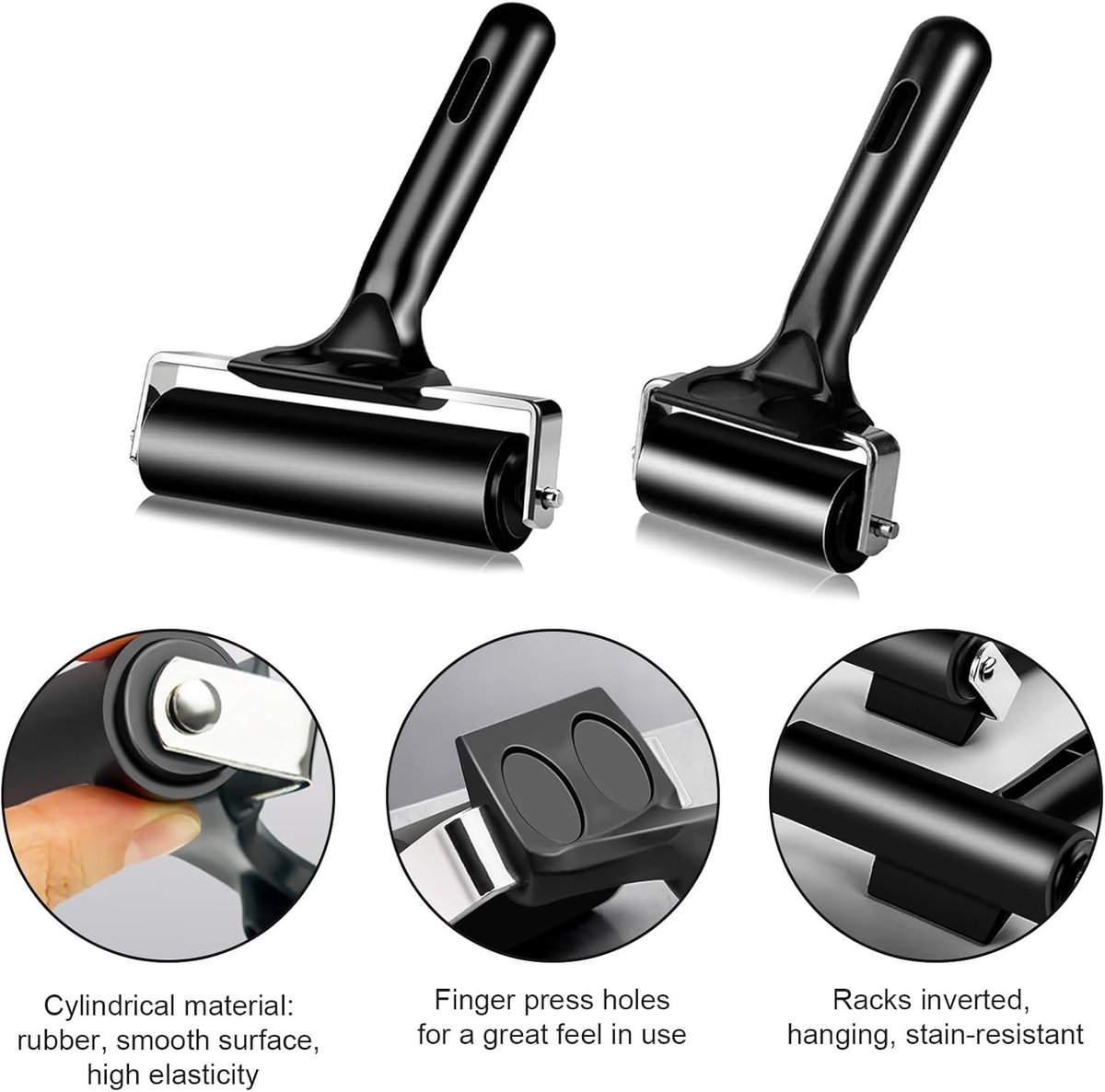 FENGQQKJ 3 stuks verfrollers, rubberen rollen, linoldruk, aandrukrol, schilderrol, kleine rubberen roller, rubberen roller met handvat, aandrukrol voor handwerk