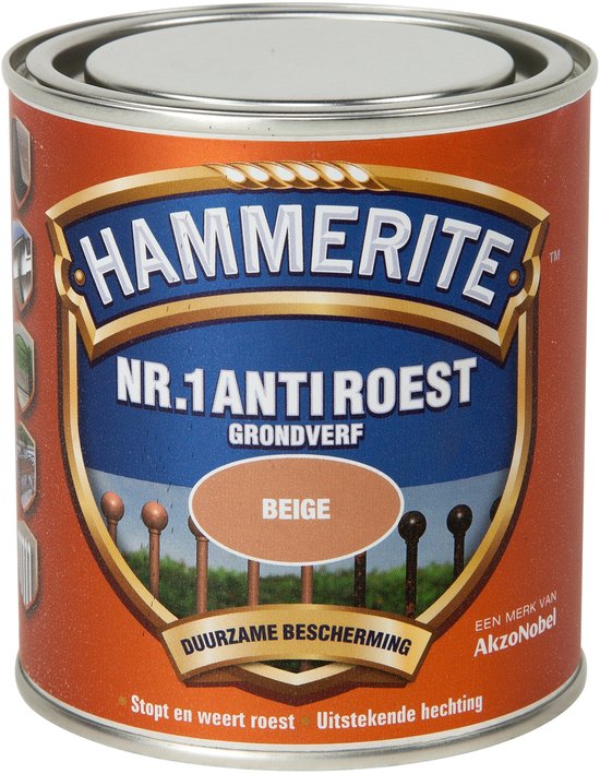 Oranje blik Hammerite Nr.1 Anti Roest Grondverf beige met hekjes en gras.