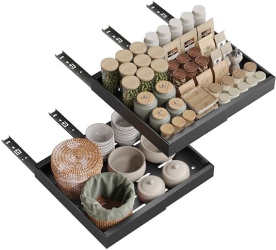 Instelbare Breedte Lade NETEL Telescopische Lade Organizer - Uittrekbare Kastlade, Breedte 32-52 Cm, Diepte 53 Cm, Zwart, 2 Stuks - Geen Boren Nodig Instelbare Kastorganizer 32-52 Cm