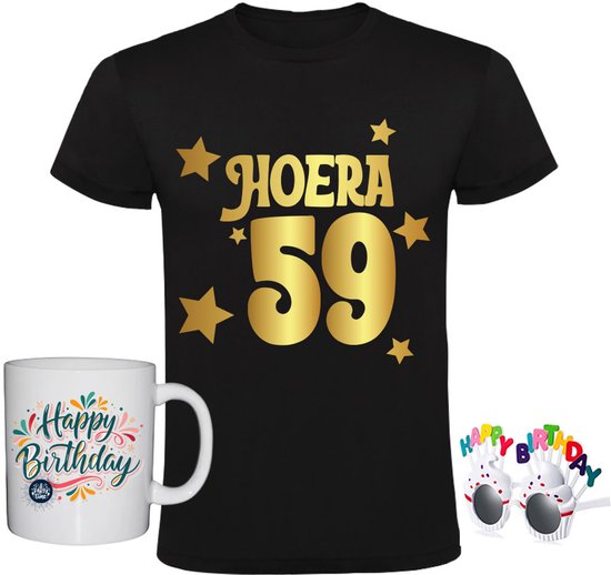 59 jaar Heren T-shirt + Koffiemok + Happy birthday bril - goud - verjaardag - shirt