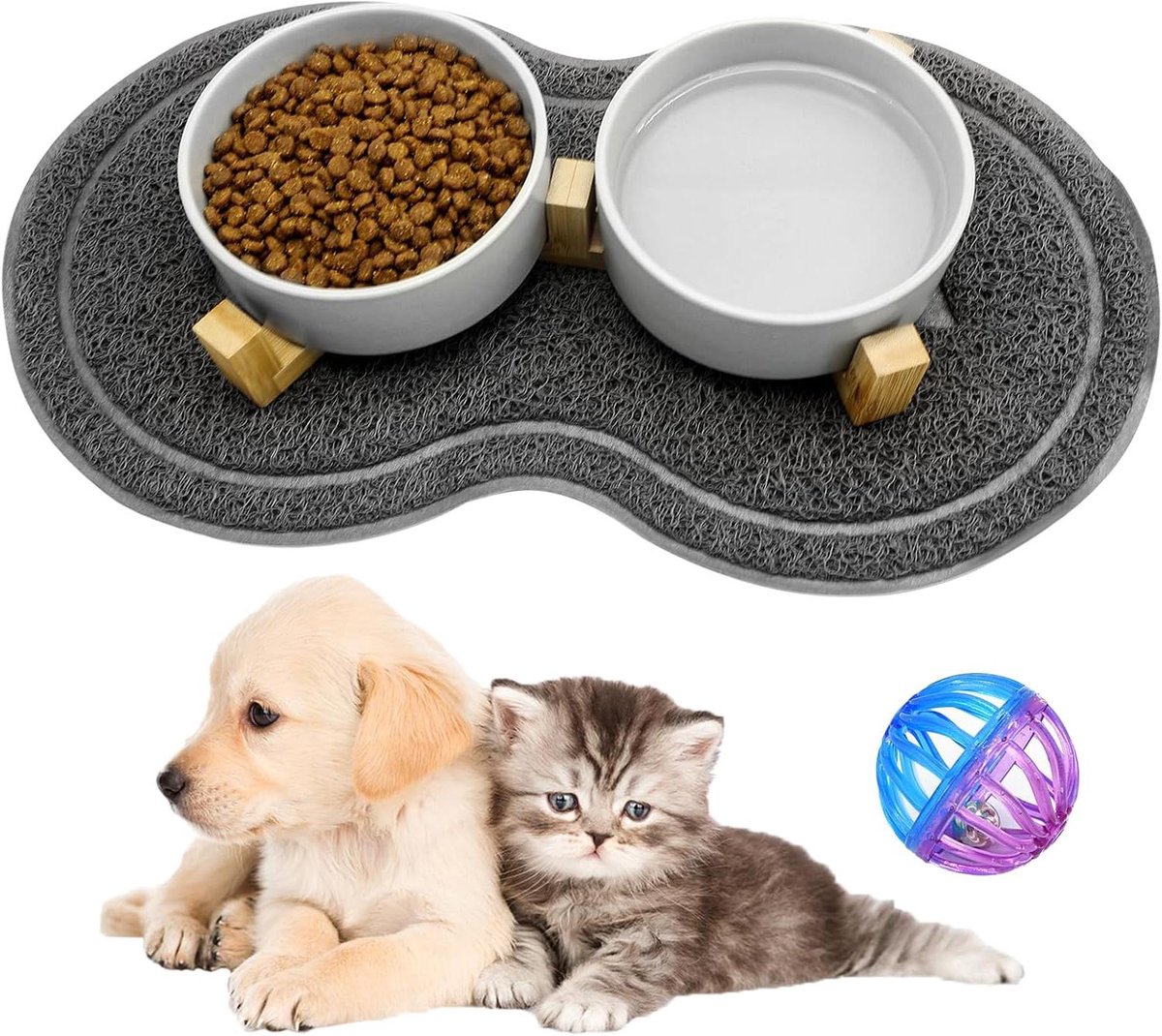 2 Stuks Verhoogde Keramische Kattenkommen Met Anti-Slip Mat - Paddenstoel Design, Rood En Geel, 300 Ml