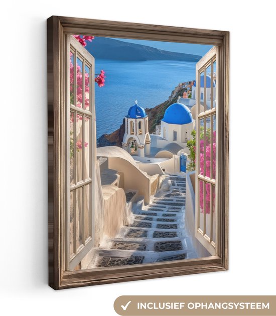 Canvas schilderij 30x40 cm - Exclusieve wanddecoratie Doorkijk - Santorini - Landschap - Blauw - Grieks - Muurdecoratie woonkamer - Slaapkamer decoratie - Kamer accessoires - Schilderijen op canvas