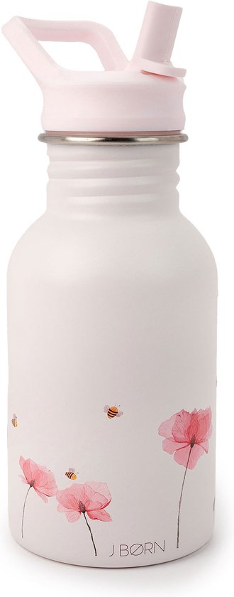 J.Børn RVS Schoolbeker – Lichtgewicht – Met Rietje – 400ml – Klaproos