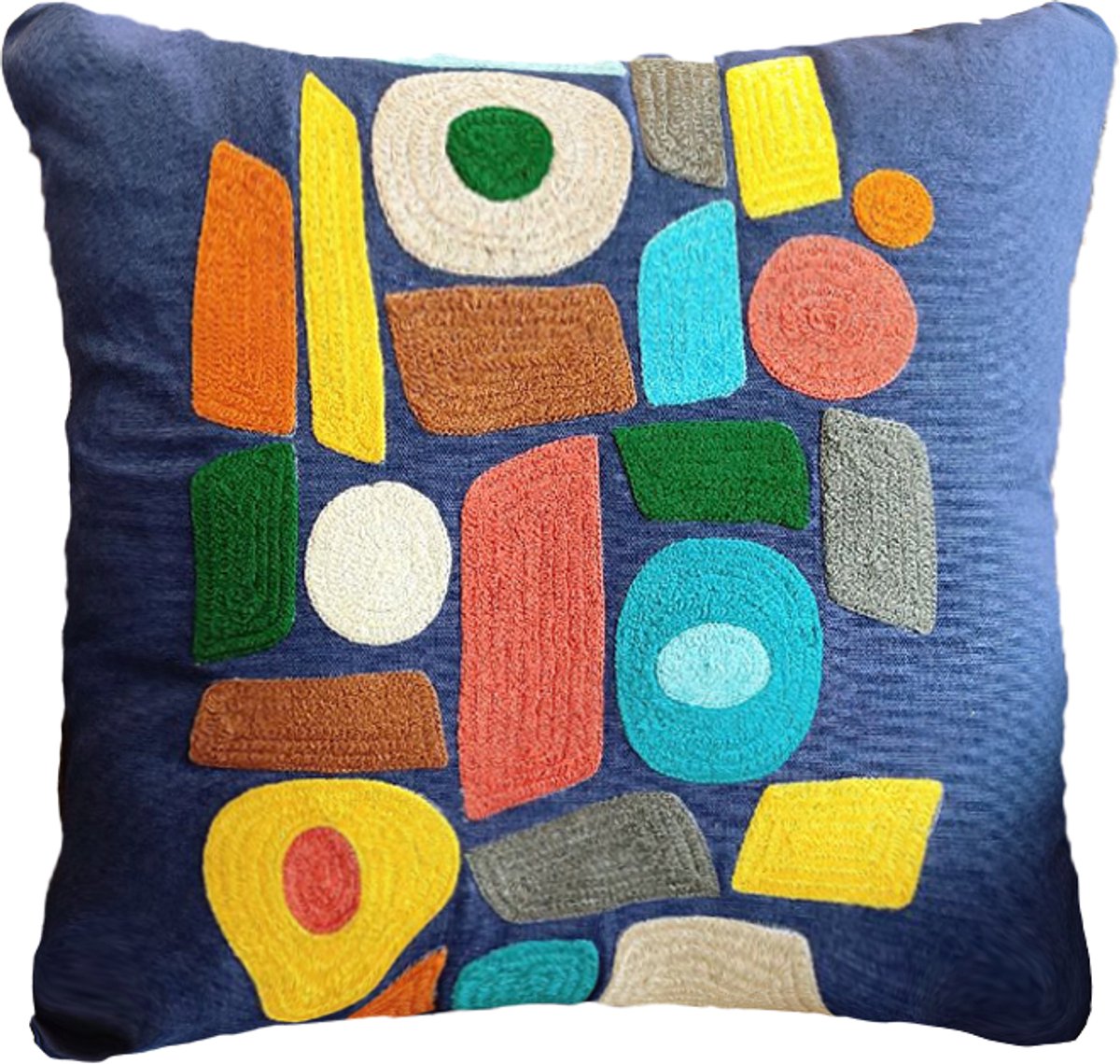 Urbane Hide Kussenhoes 45 X 45 cm | Kussensloop | Cushion Cover | Geborduurde kussenhoes | Katoen | Marineblauw | Met rits | Wonen | Woonaccessoires | Sierkussenhoes Marineblauw, geel, rood, groen