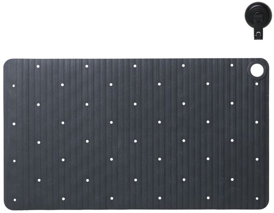 Donkergrijze antislip badmat met ribbelpatroon en witte puntjes, met een zwarte haak met zuignap ernaast.