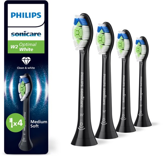 Philips Sonicare Optimal White W2 – Opzetborstels voor Elektrische Tandenborstel – Zwart – Verpakking van 4 - Wittere tanden - HX6064/88
