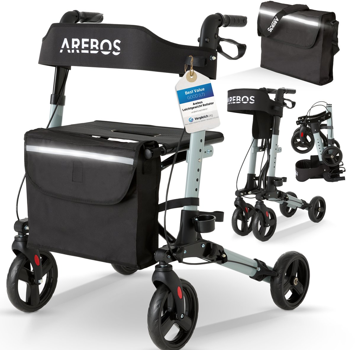 Goedkoopste AREBOS Aluminium Rollator Loophulp Staphulp Loopwagen | Medical opvouwbare lichtgewicht rollator carbon | Inklapbaar | belasting tot 136 kg | Zwart