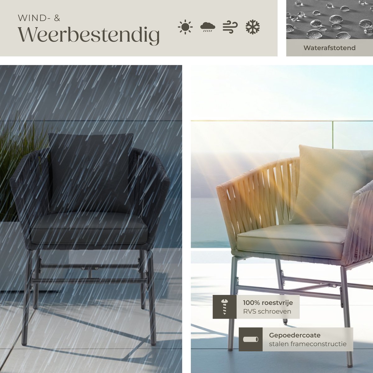 tectake® Tuinstoelen Valeiras - Set van 4 - Metalen Buitenstoel met Rope Design - Terrasstoel met Armleuningen - Tuinstoel - Tuin Fauteuil - Tuinmeubels - Tuinset met Waterafstotende Kussens en Verstelbare Poten – foto 5