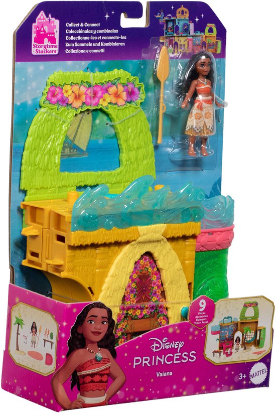 Vaiana speelset met pop, huisje, Pua, en accessoires in verpakking.