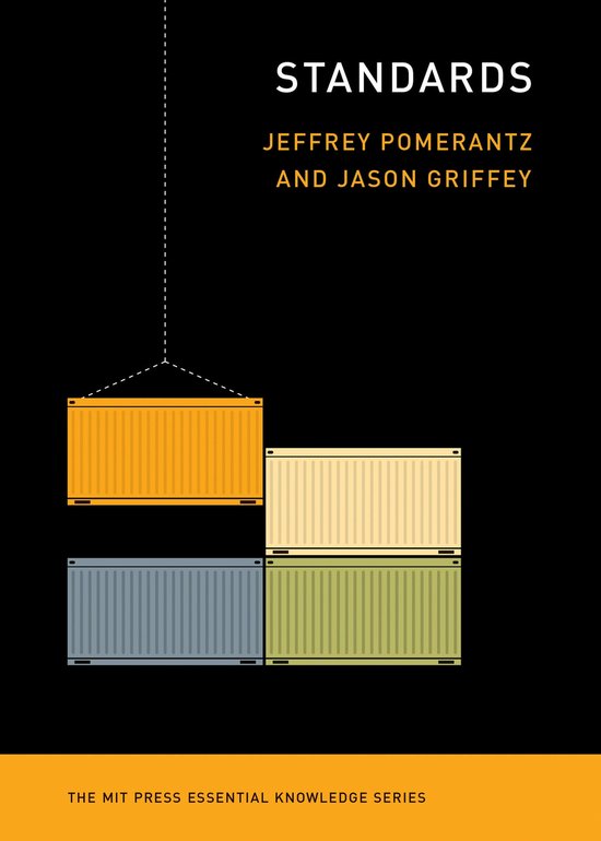 Boekcover met de titel 'STANDARDS' door Jeffrey Pomerantz en Jason Griffey. Drie gestapelde containers, één hangend.