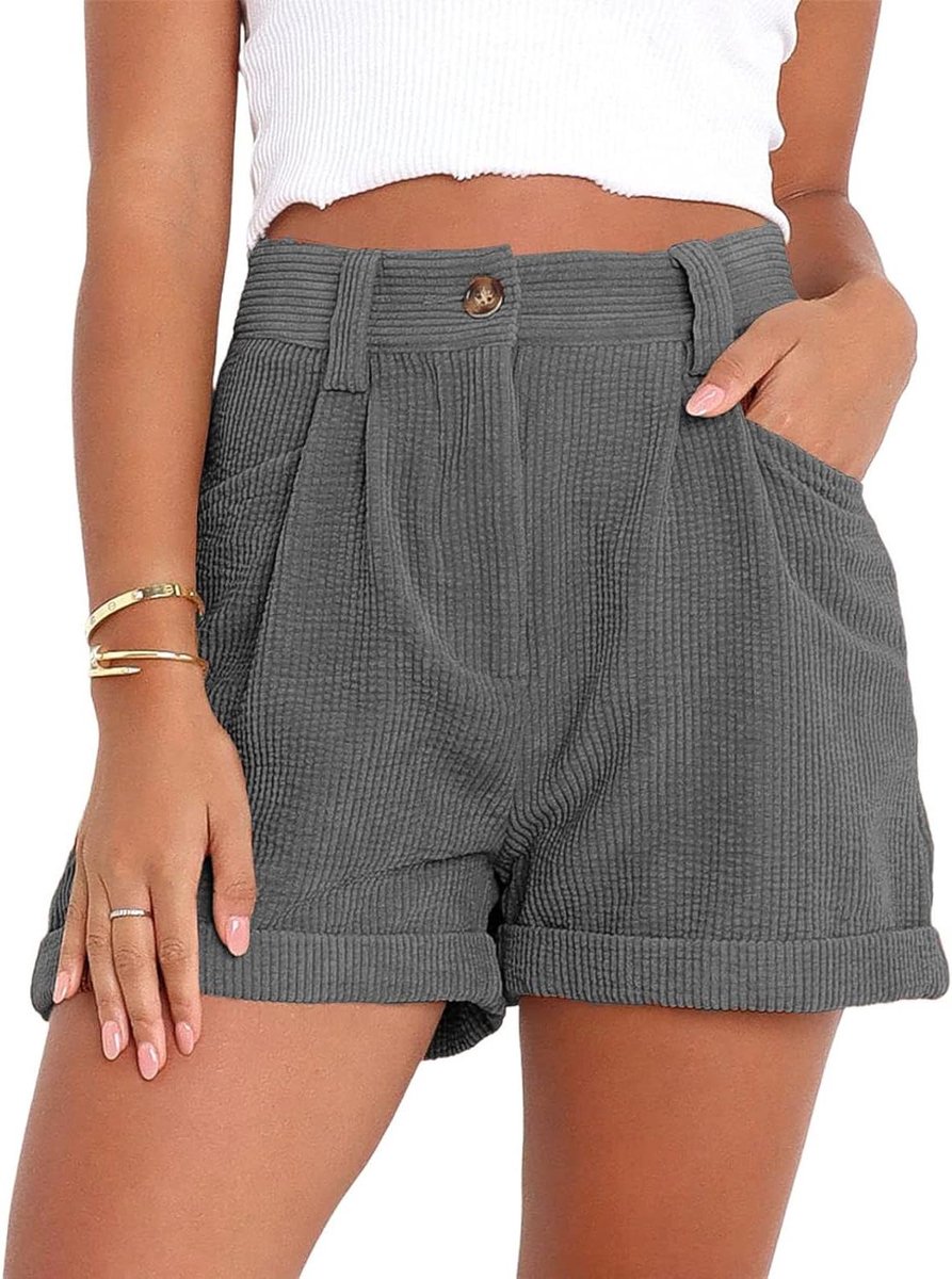 Korte Dames Broek - Halfhoge Taille Zomershorts van Corduroy - Grijs met Zakken