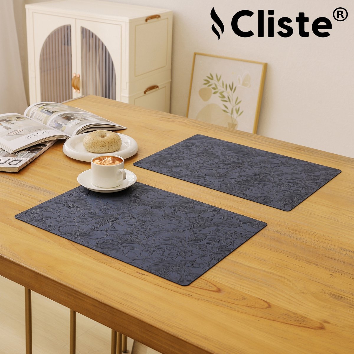 Cliste Luxe Lederlook Placemats 45x30 cm - Set van 6 - Blauw met Prachtige Bladerenprint - Placemats - Stijlvol, Duurzaam - Antislip Placemat van Kunstleer — cadeau in Wonen & Interieur - foto 5