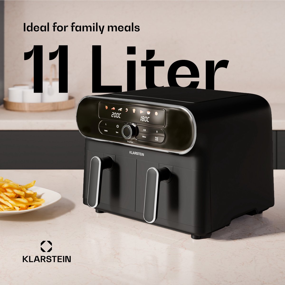 Afbeelding 3 van AuraAir Color Touch heteluchtfriteuse | 2 compartimenten | 11 L | 1700 W | 80 - 200 °C | 8 programma's