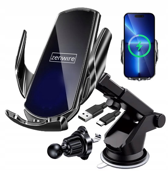 Autohouder Telefoonhouder met Draadloze Oplader 15W - Zenwire - Geschikt voor alle Qi Apparaten - Draadloos Opladen - 3-in-1 Auto Oplader - USB naar USB-C kabel 1 m - telefoons tot 4,7 tot 6,8” inch