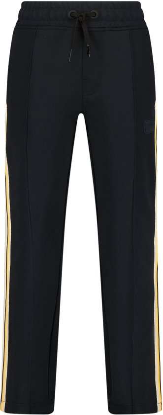 Donkerblauwe joggingbroek met trekkoord in de taille en gekleurde zijstrepen.
