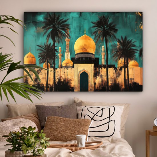 Peinture sur toile 120x80 cm - Décoration murale Mosquée - Or - Arabe - Islamique - Décoration murale salon - Décoration chambre - Accessoires chambre - Peintures sur toile