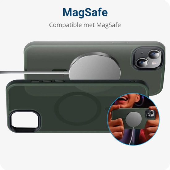 Donkergroen hoesje met MagSafe-ring, getoond met magnetische oplader, en een detail van een telefoon.