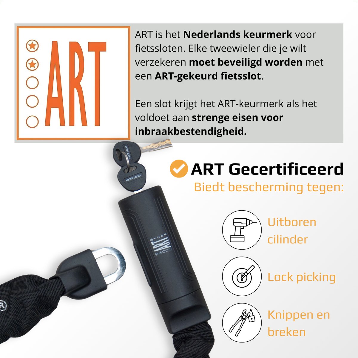 Maxx-Locks Twizel Kettingslot - Art 2 Fietslot - Ketting van Gehard Stalen Schakels - Slot met ART keurmerk - Geschikt voor Electrische Fiets en Fatbike - 85 cm