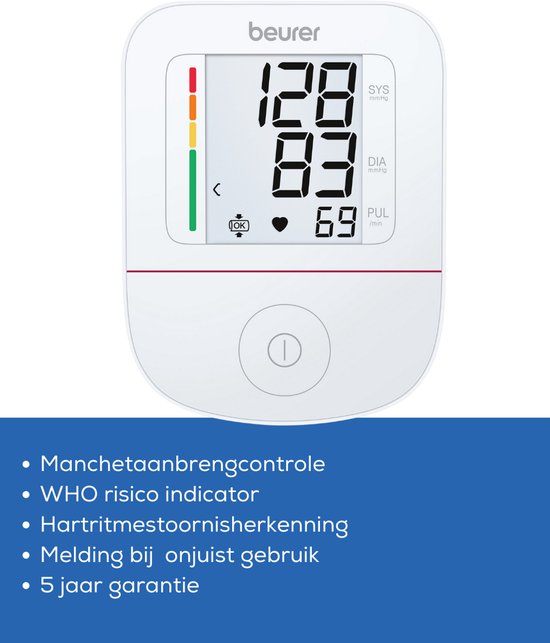 Beurer BM 23 Bloeddrukmeter Bovenarm – Aanbevolen door Hartstichting - Medisch Gecertificeerd – Manchet 22-42 cm – USB-C Aansluiting – Eenknopsbediening – Onregelmatige Hartslagdetectie – Risico-Indicator – Incl. Batterijen – 5 Jaar Garantie