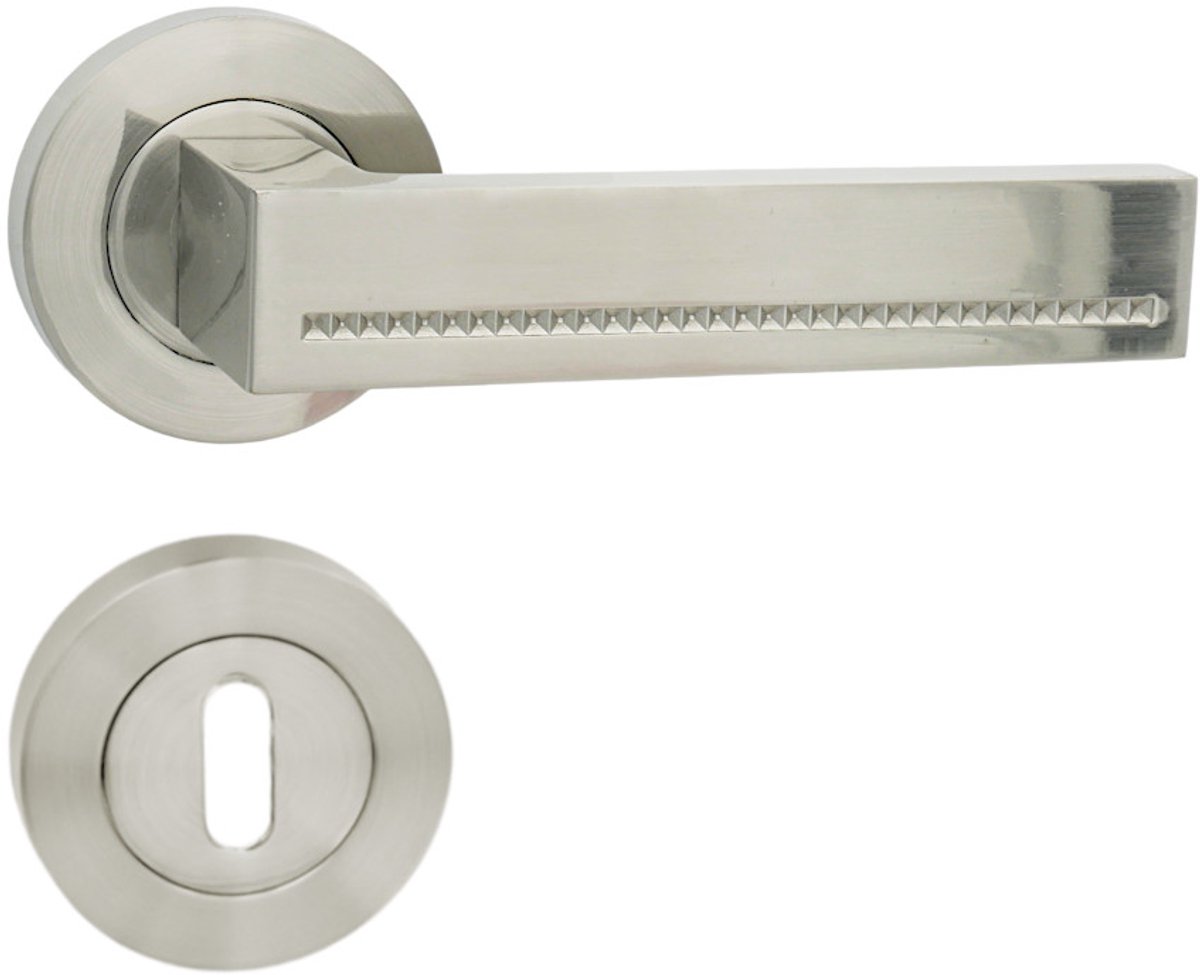 Domino® Deurkrukgarnituur DELUX-R M9 - Nikkel gelakt - BB- gladde sleutel met Ronde Rozette - Deurbeslag van aluminium - Deurklink voor kamerdeur, kantoordeur, kelderdeur en binnendeur
