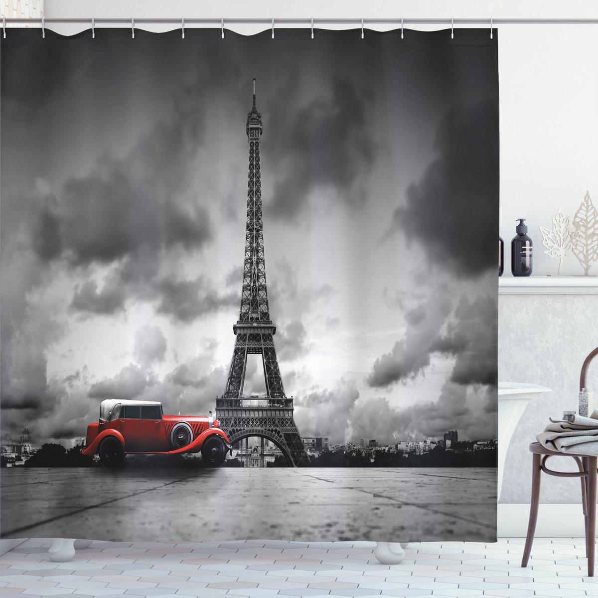New Bed, Eiffeltoren Franse Auto Donkere Wolken, Douchegordijn Badkamer Decor Set met Haakjes, 175 cm B 180 cm L