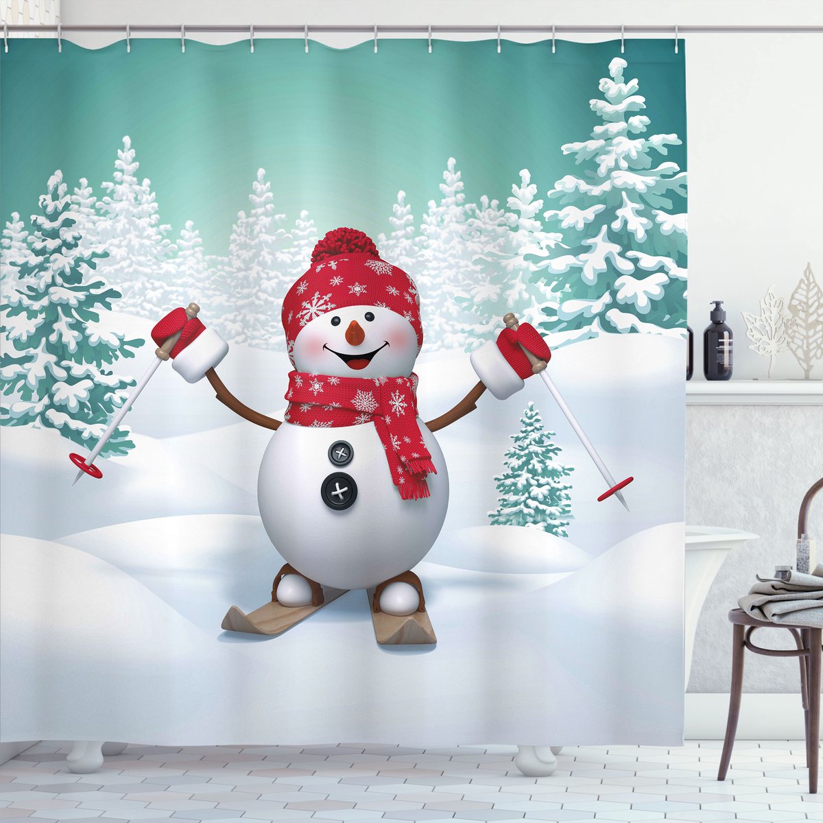 New Bed, Kerstmis Skiën Sneeuwpop Bomen, Douchegordijn Badkamer Decor Set met Haakjes, 175 cm B 180 cm L