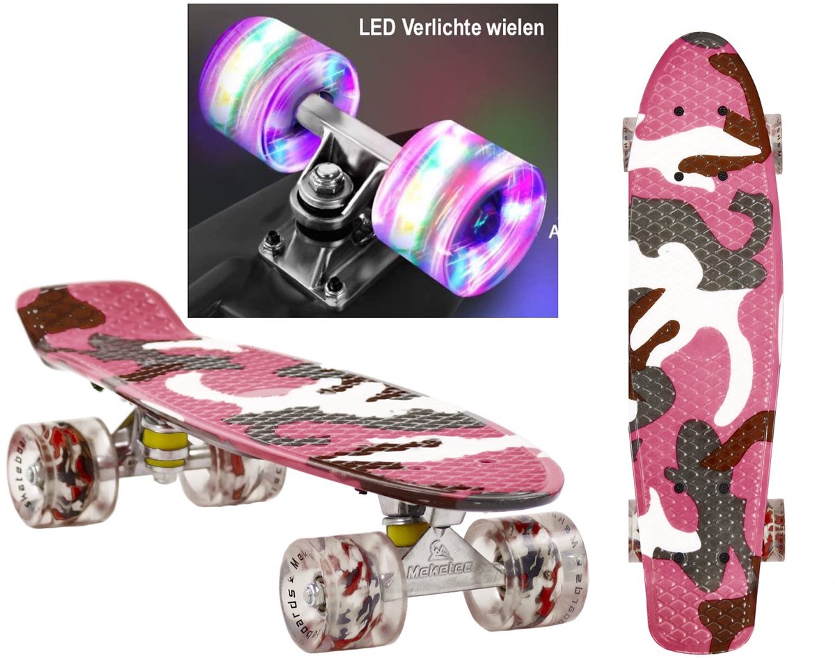 Sajan - Skateboard - LED - Penny board - Camouflage Roze - 22.5 inch - 56cm - Skateboard met Verlichting