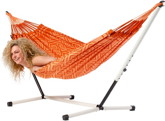 Luilak 1 persoons hangmat hangmat met metalen standaard - 100% Katoen - 300x140cm - 120kg draagkracht - binnen & buiten - Oranje, Rood