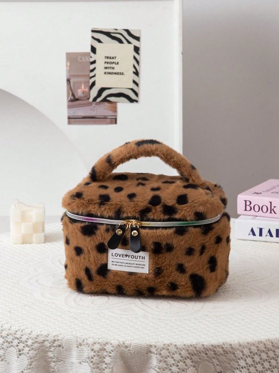 Trousse de toilette en fourrure léopard - Marron | Trousse de maquillage | 22 x 15 x 15 cm | Mode Favorite