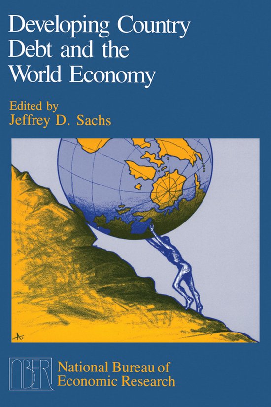 Boekomslag met de titel 'Developing Country Debt and the World Economy'. Een figuur worstelt met het dragen van de wereldbol op een berg.
