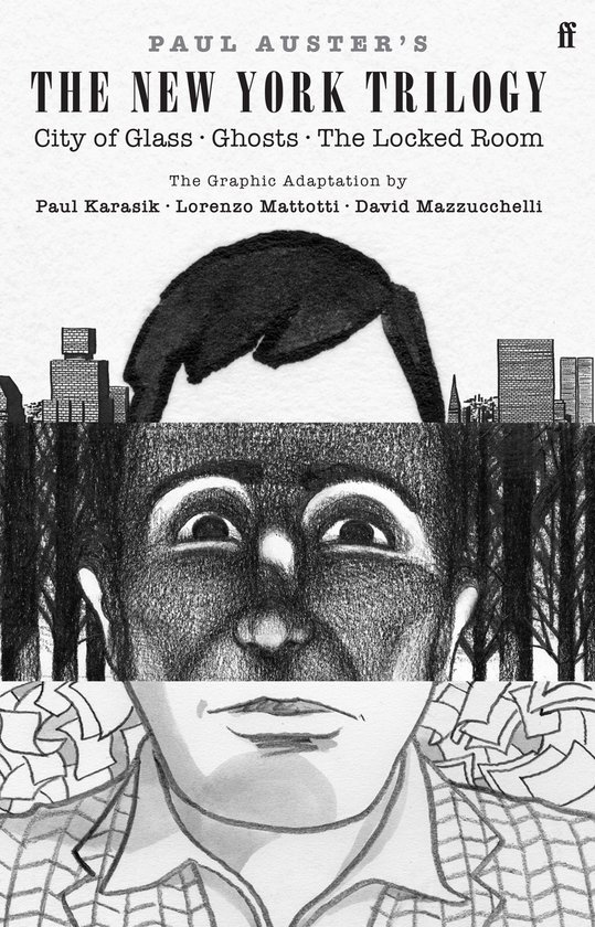 Boekomslag van Paul Auster's The New York Trilogy, een grafische bewerking van Paul Karasik, Lorenzo Mattotti en David Mazzucchelli.