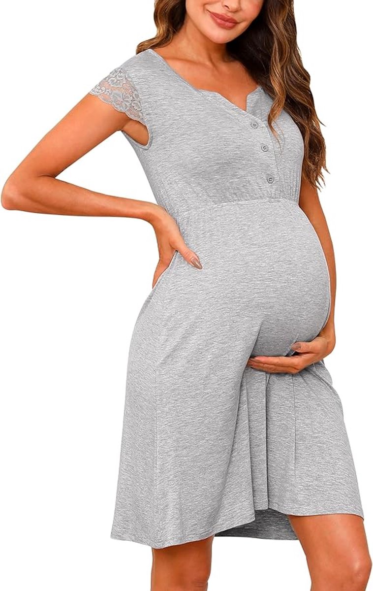Zwangerschaps Nachthemd Knop Borstvoeding Nachtkleding Zachte Kant Verpleging Nachtjapon Katoen Loungewear V-hals Zwangerschapspyjama Nachtshirt voor Zwanger maat L
