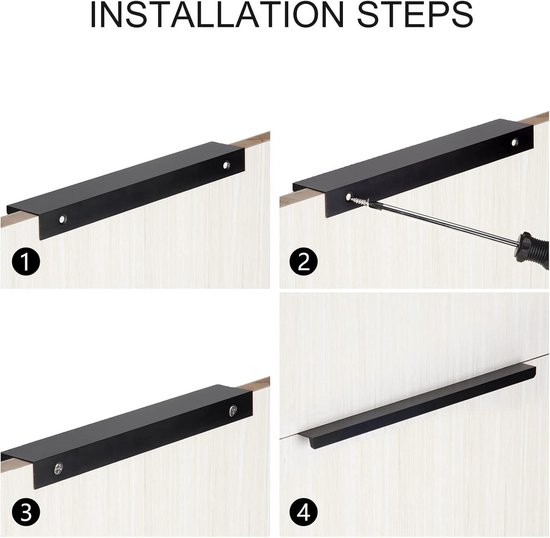 Titre : Poignées de meuble dissimulées noires de 200 mm pour portes et tiroirs d'armoire – Set de 8 pièces avec vis