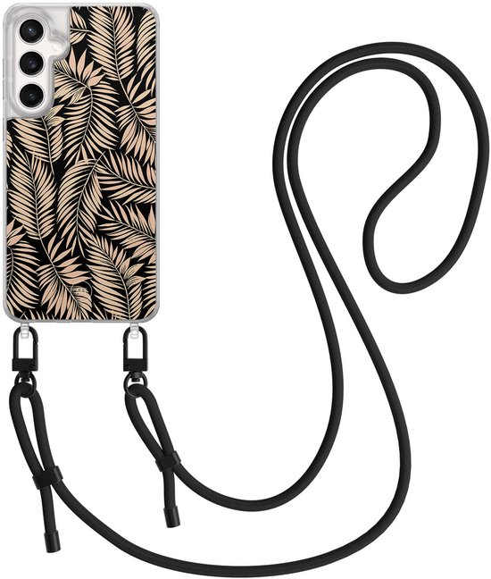 Coque transparente avec imprimé palmier beige, avec cordon bandoulière noir attaché.