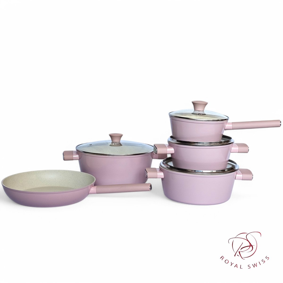 Royal Swiss Pannenset ® - Forged Pannenset - 11 delig - Met glazen deksels- Alle warmtebronnen - Antiaanbaklaag - PFAS-vrij - Marmeren coating - Inductie - Met keukenhandschoenen - Beige